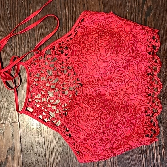 Red Lace Satin Halter Crop Top Women's 1 Sexy Romantic Party Elevated Casual - Picture 2 of 10